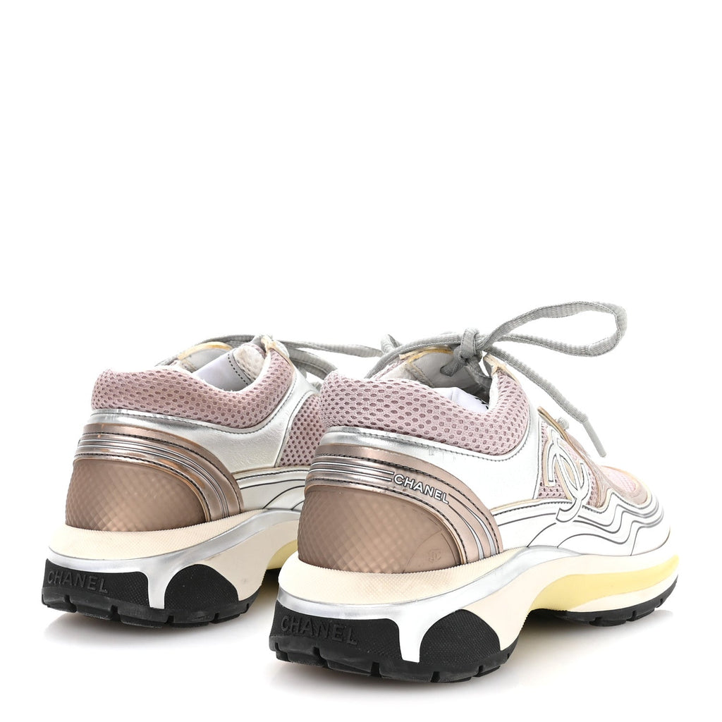 Fabric Laminated Calfskin Stretch CC Womens Sneakers 37 Purple Silver