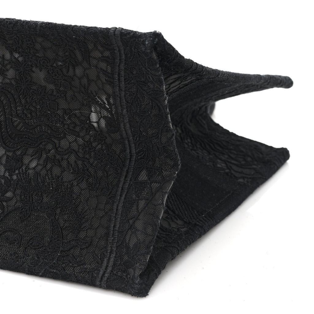 Christian Dior Canvas Embroidered Mesh Macrame Medium Toile de Jouy Soleil Book Tote Black