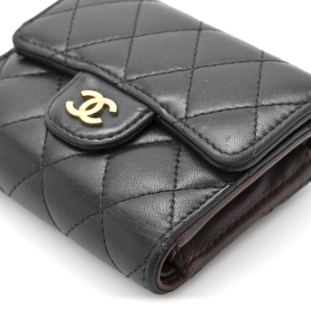 Lambskin Quilted Compact Flap Wallet Black