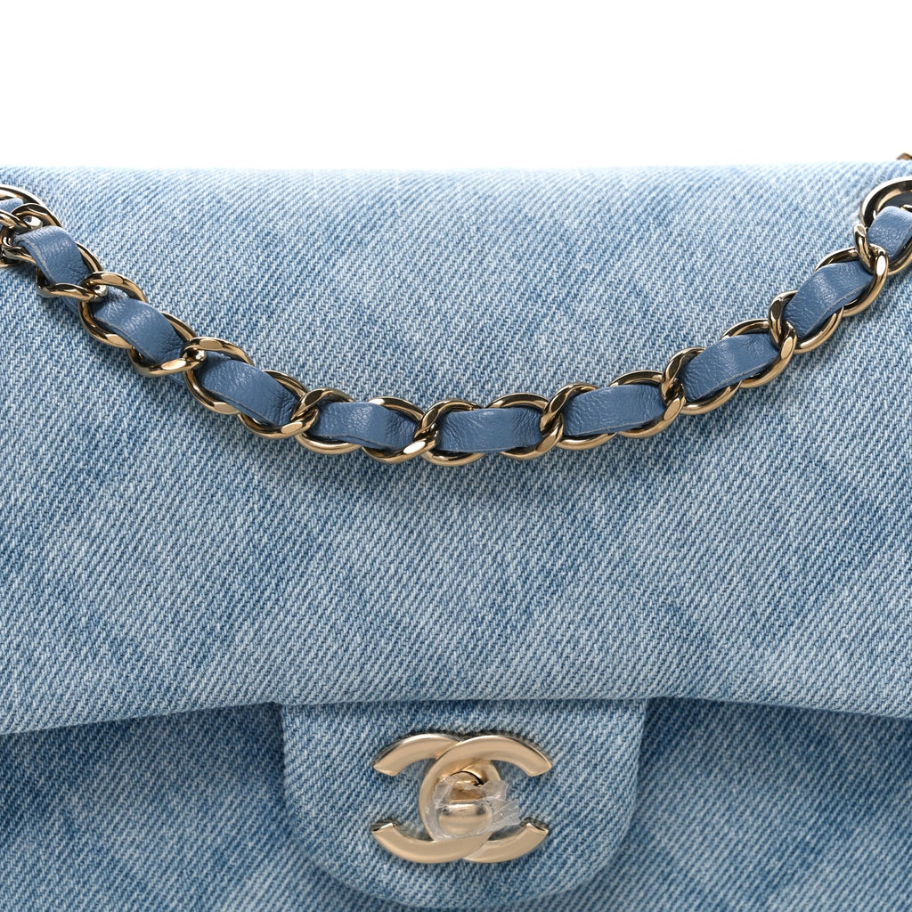 Chanel Printed Denim Quilted Small Double Flap Light Blue