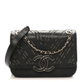 Chanel Calfskin Chevron Beaded Chain Mini Square Flap Black