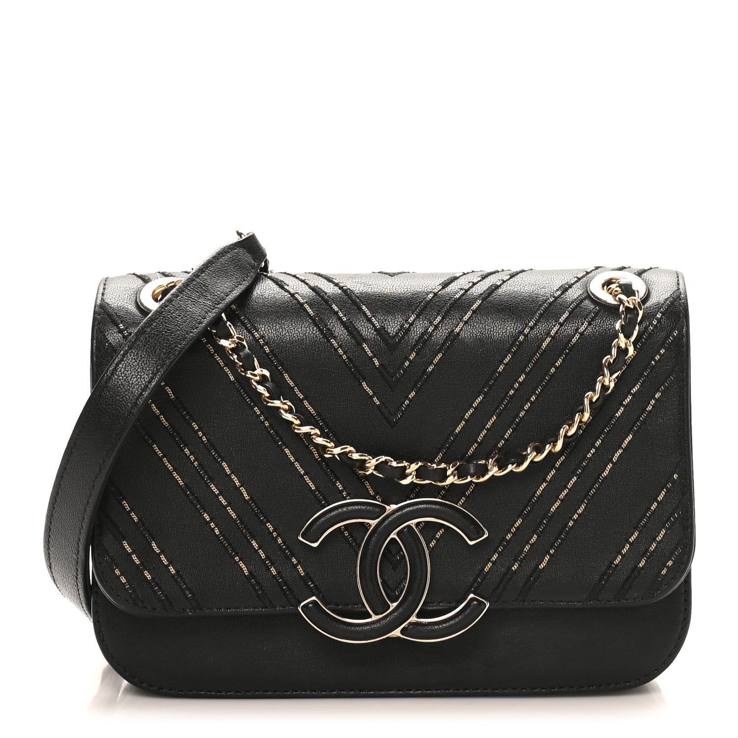 Chanel Calfskin Chevron Beaded Chain Mini Square Flap Black