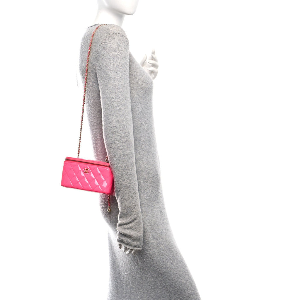 Chanel Patent Quilted Pearl Crush Small Vanity Case With Chain Neon Pink