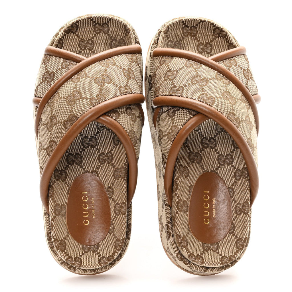 Gucci Monogram GG Calfskin Angelina Platform 55mm Slide Sandals 35 Camel Ebony