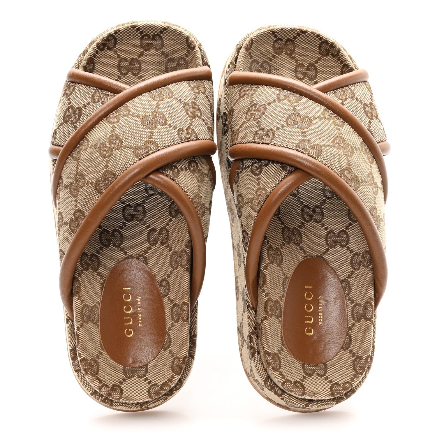 Gucci Monogram GG Calfskin Angelina Platform 55mm Slide Sandals 35 Camel Ebony
