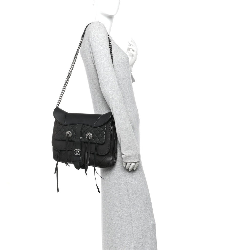 Chanel Goatskin Quilted Paris Dallas Saddle Bag Black