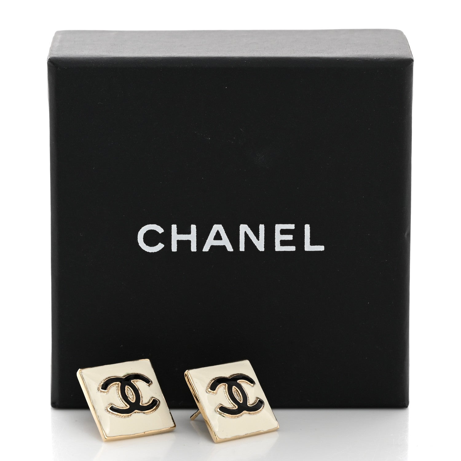 Metal Enamel CC Square Earrings Gold White Black
