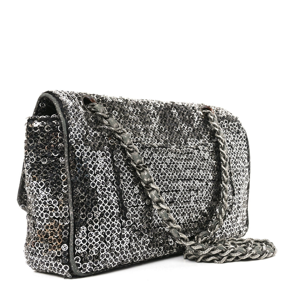 Chanel Sequin Medium Single Flap Dark Silver