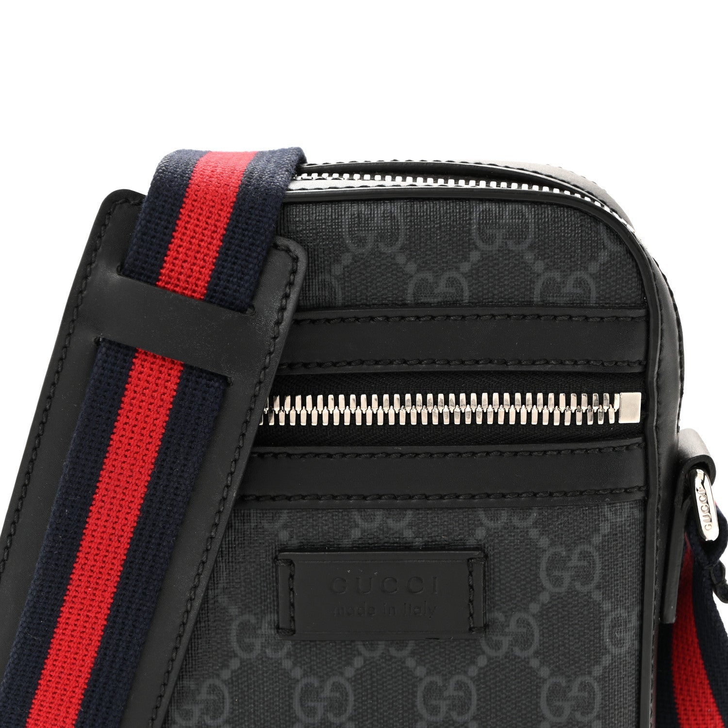 Gucci GG Supreme Monogram Appia Calfskin Web Small Camera Messenger Bag Black Grey