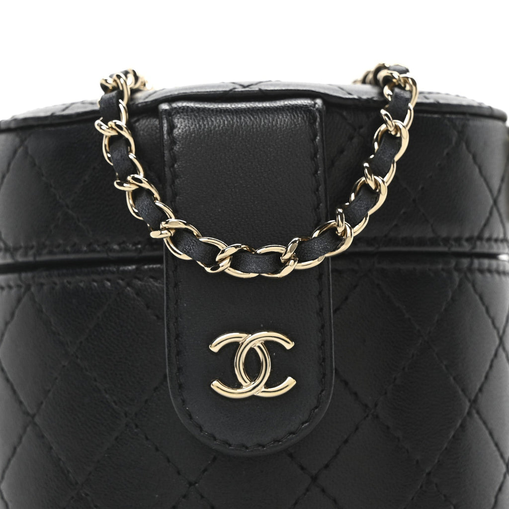 Chanel Lambskin Quilted Mini Round Vanity Case With Chain Black