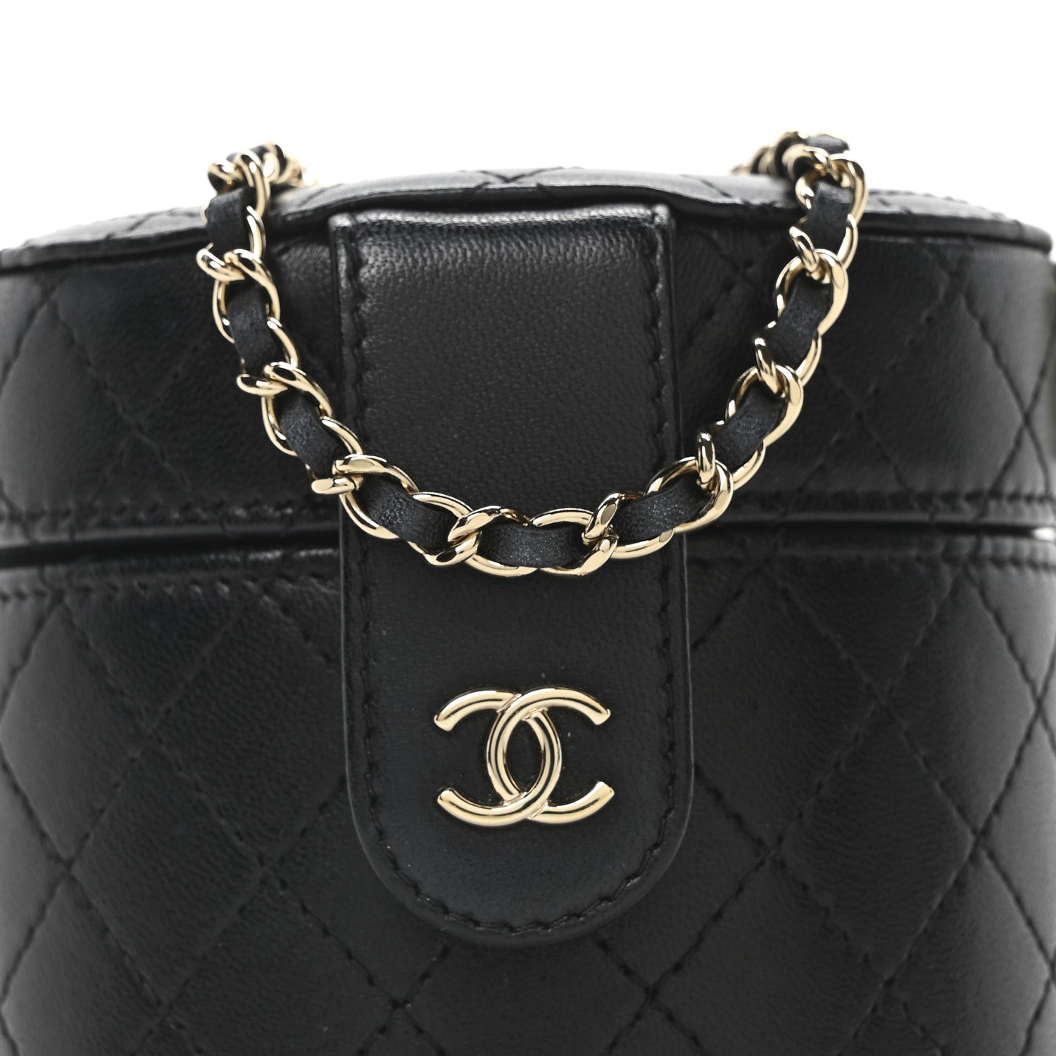 Chanel Lambskin Quilted Mini Round Vanity Case With Chain Black