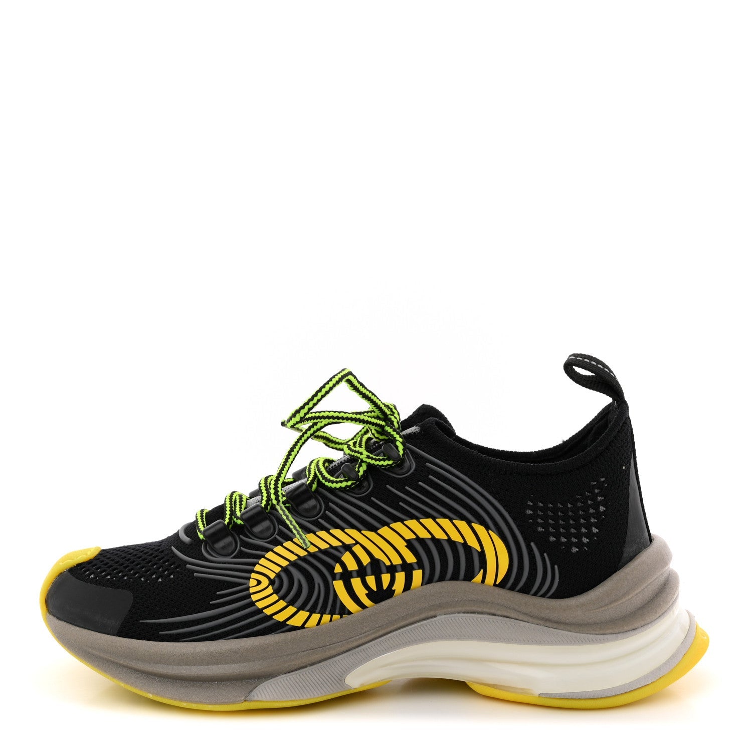 Gucci Technical Knit Fabric Waves Womens Gucci Run Sneakers 35 Black Silver Giallo Neon Yellow