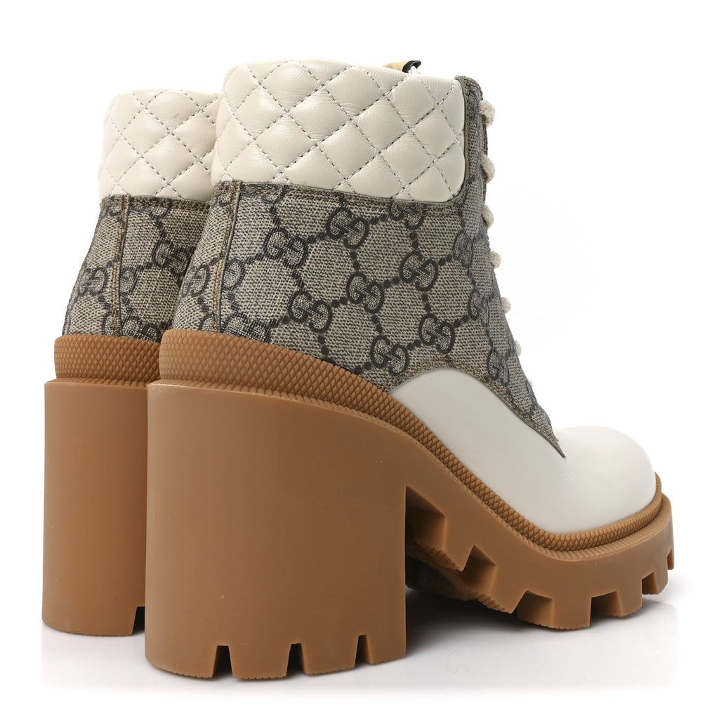 Gucci Calfskin GG Supreme Monogram Nappa Quilted Lace Up Ankle Boots 35 Mystic White Beige