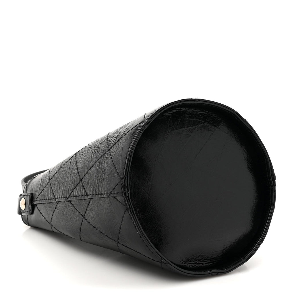 Chanel Crumpled Calfskin Quilted Chain Drawstring Bucket Bag Black