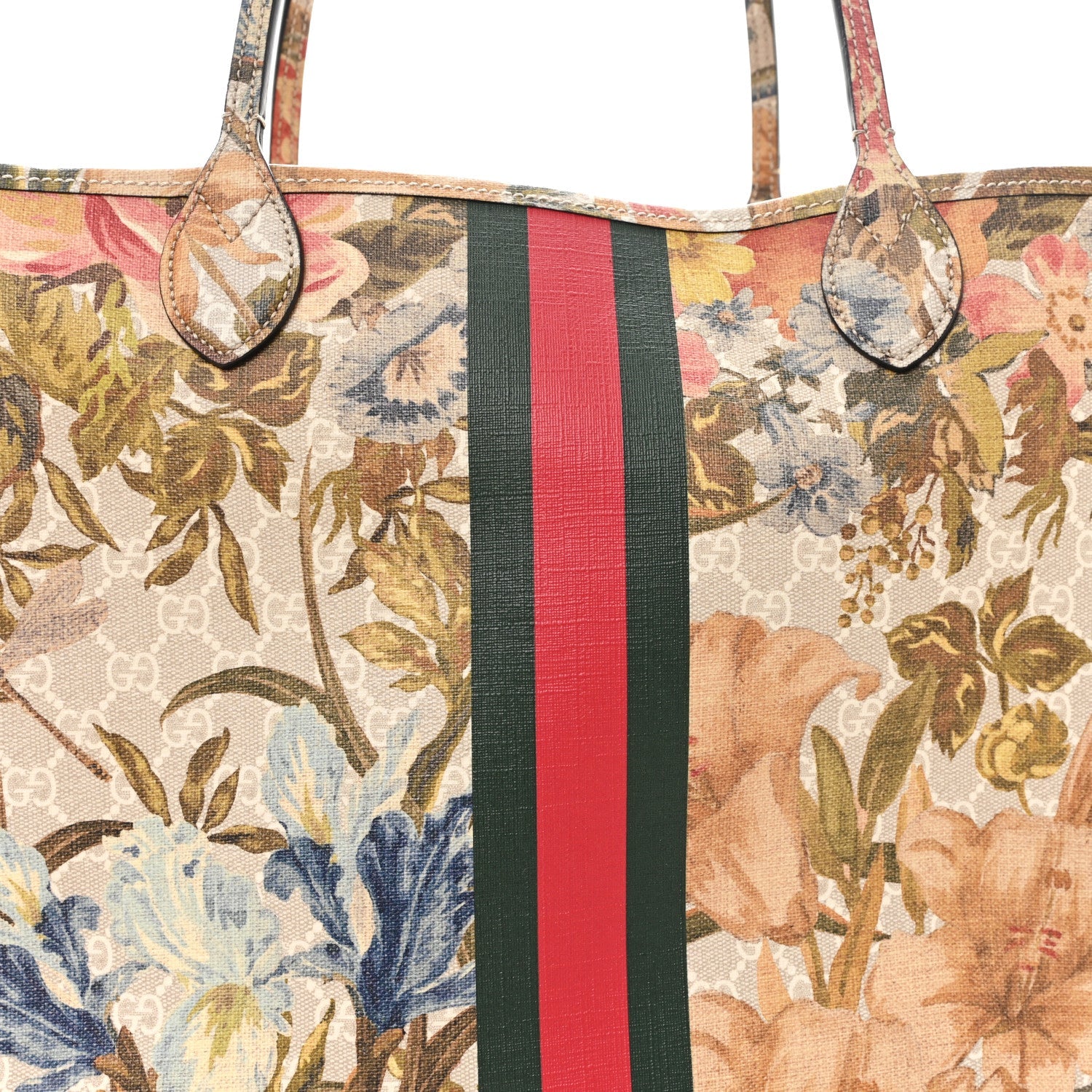Gucci GG Supreme Monogram Water Flora Web Large Ophidia Tote Beige White Multicolor