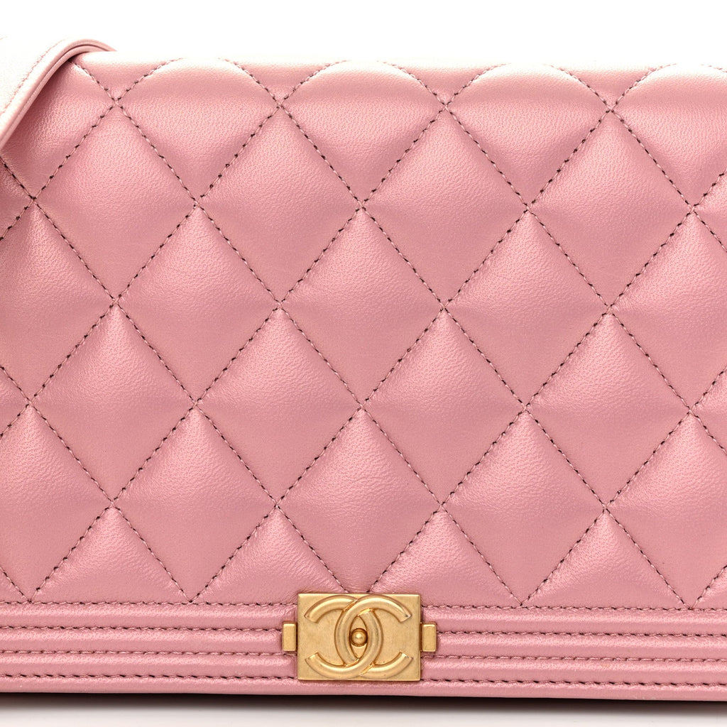 Chanel Metallic Lambskin Quilted Boy Wallet On Chain WOC Pink