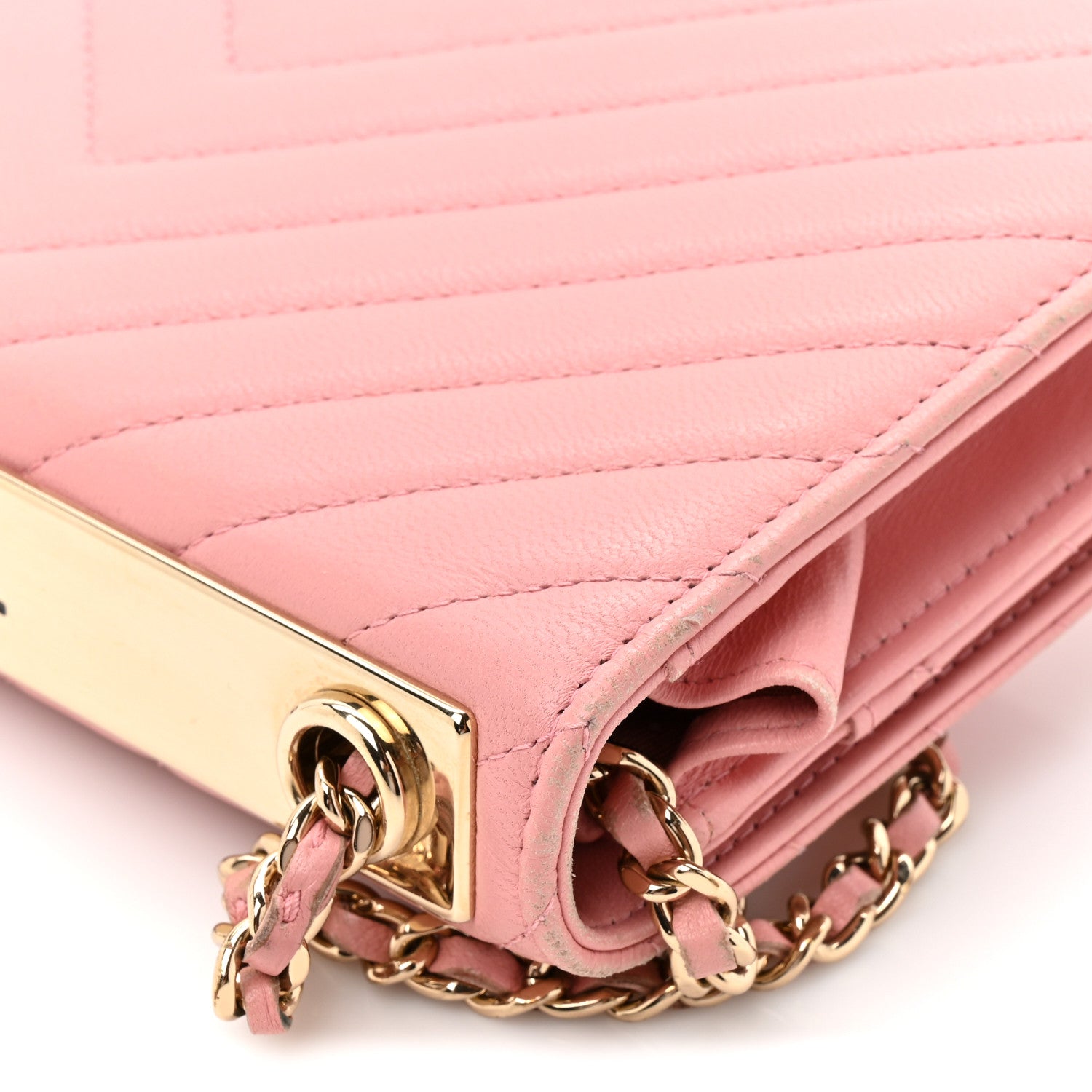 Chanel Lambskin Chevron Quilted Trendy CC Wallet On Chain WOC Pink
