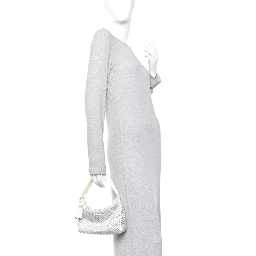 Prada Satin Crystal Mini Re-Edition 2000 Bag White