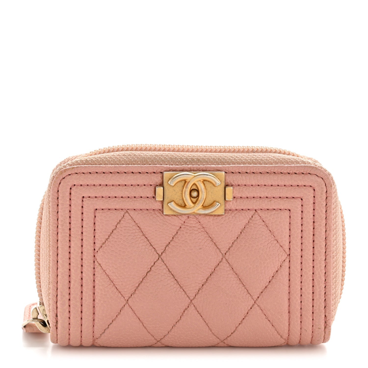 Caviar Quilted Boy Zip Around Coin Purse Wallet Light Pink