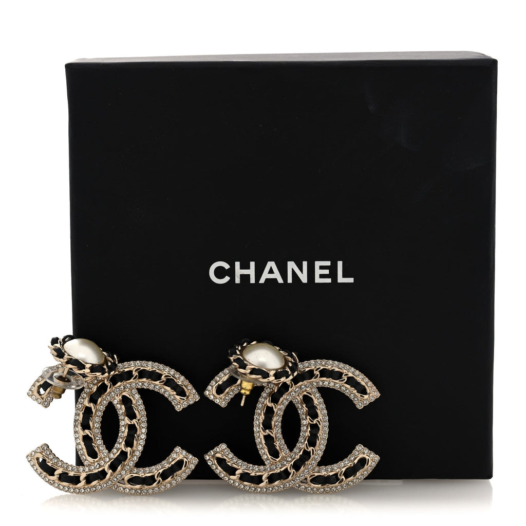 Pearl Lambskin Crystal Chain CC Drop Earrings Black Gold