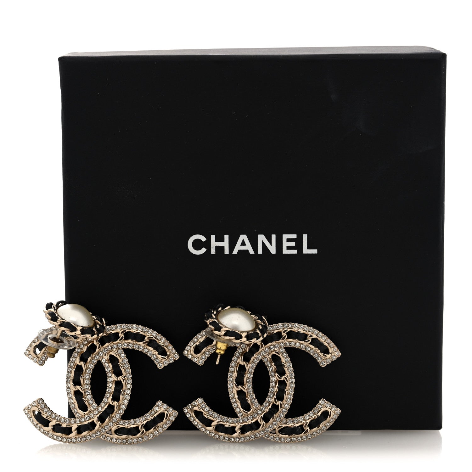 Pearl Lambskin Crystal Chain CC Drop Earrings Black Gold