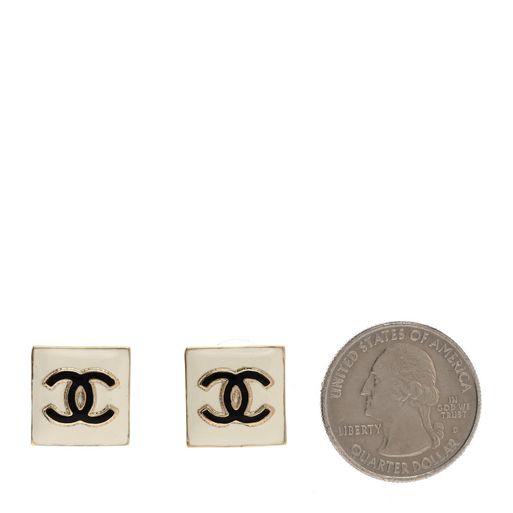 Metal Enamel CC Square Earrings Gold White Black