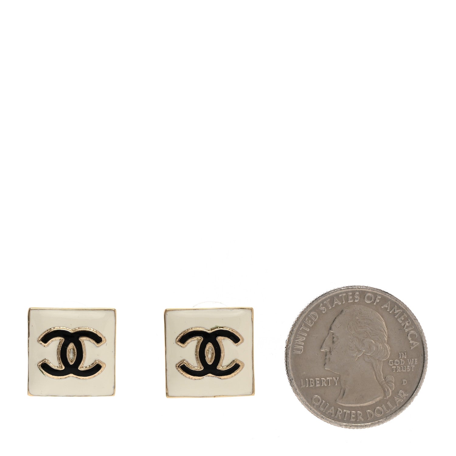 Metal Enamel CC Square Earrings Gold White Black