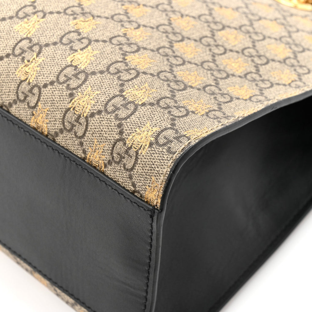 Gucci GG Supreme Monogram Bees Medium Padlock Tote Beige Oro Black