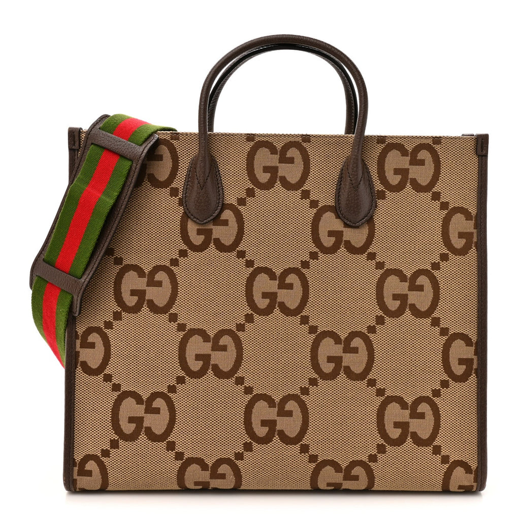 Gucci Monogram Jumbo GG Textured Dollar Calfskin Web Tote Bag Camel Ebony New Acero