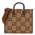 Gucci Monogram Jumbo GG Textured Dollar Calfskin Web Tote Bag Camel Ebony New Acero
