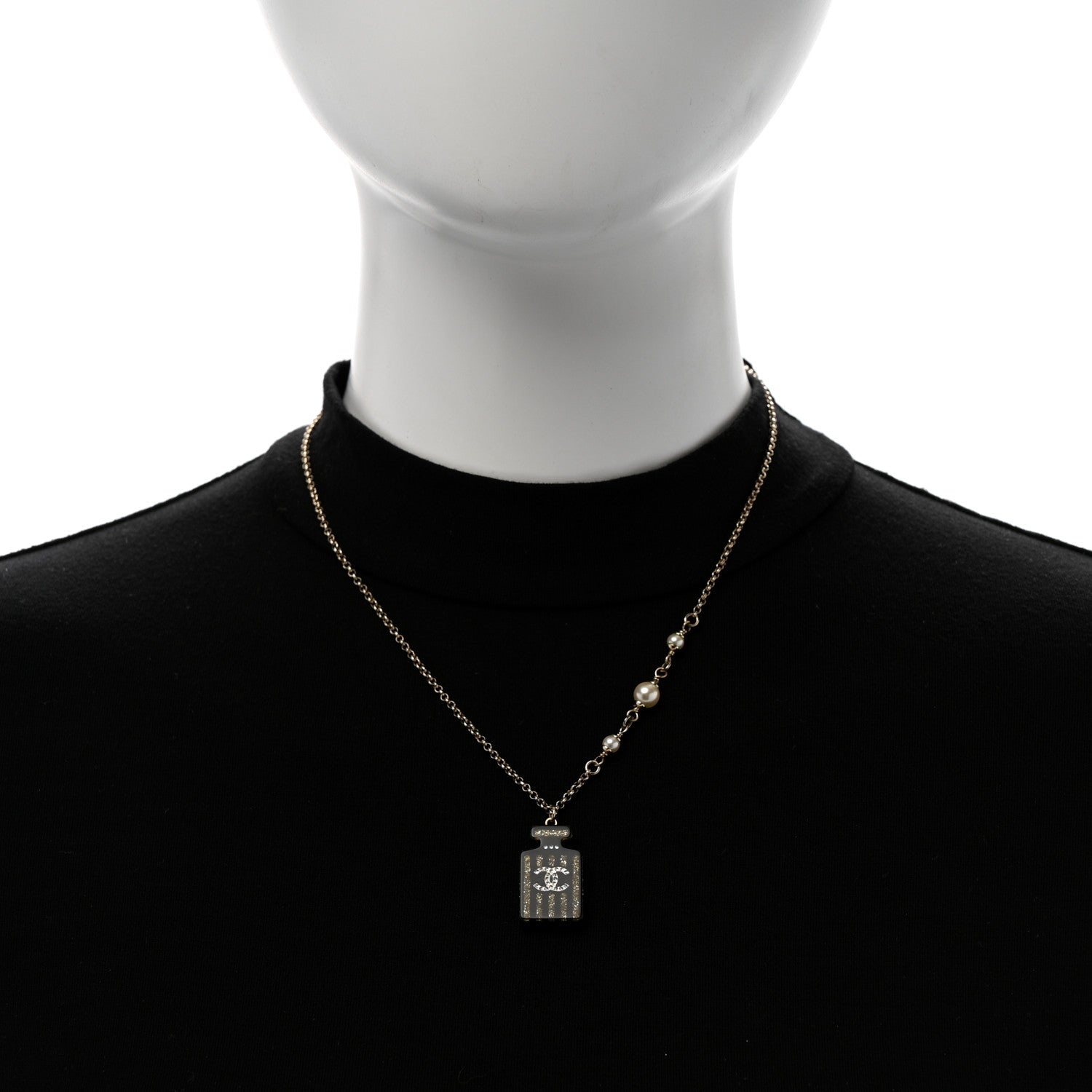 Resin Strass Pearl Perfume Bottle CC Necklace Black Gold