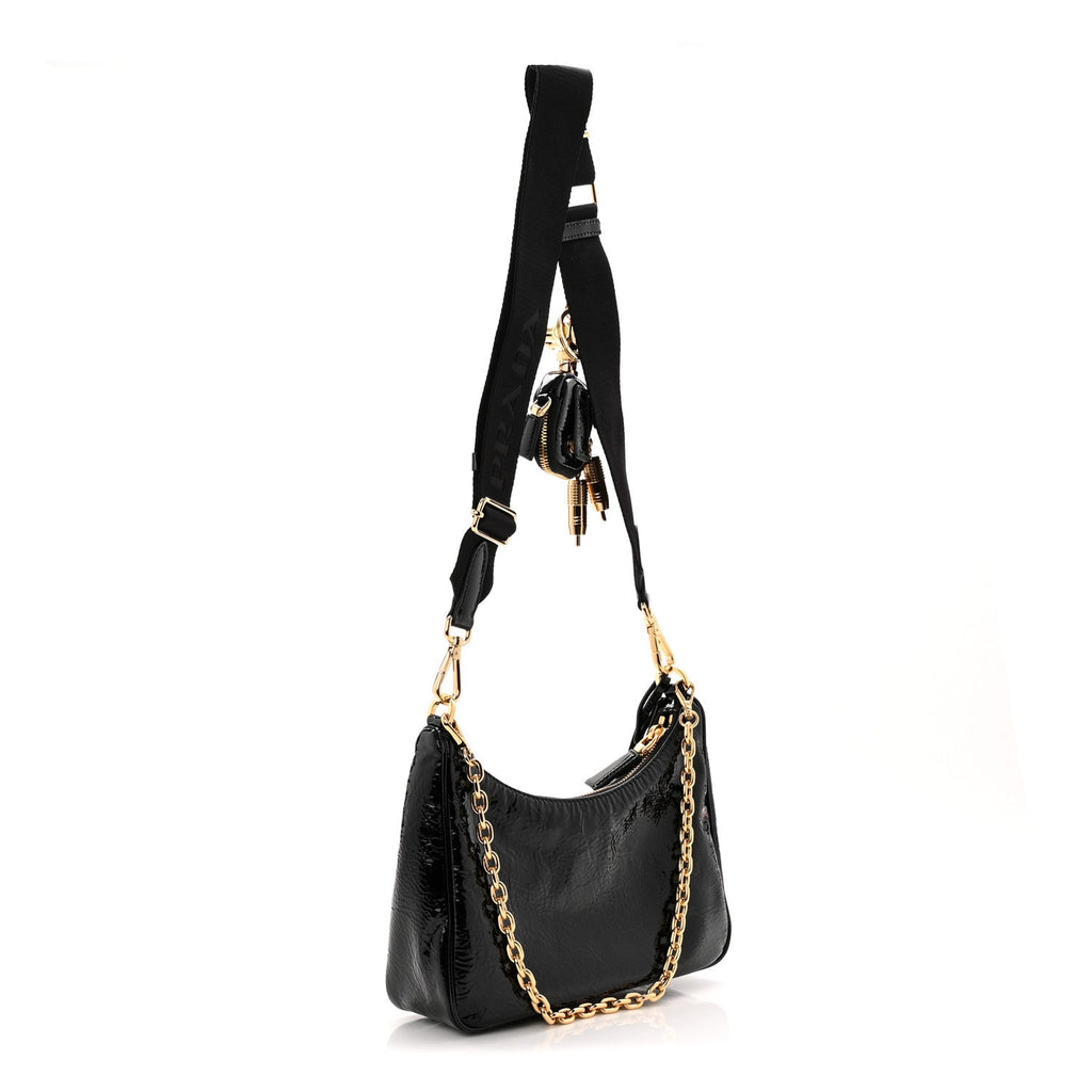 Prada Patent Naplak Re-Edition 2005 Shoulder Bag With Charm Black