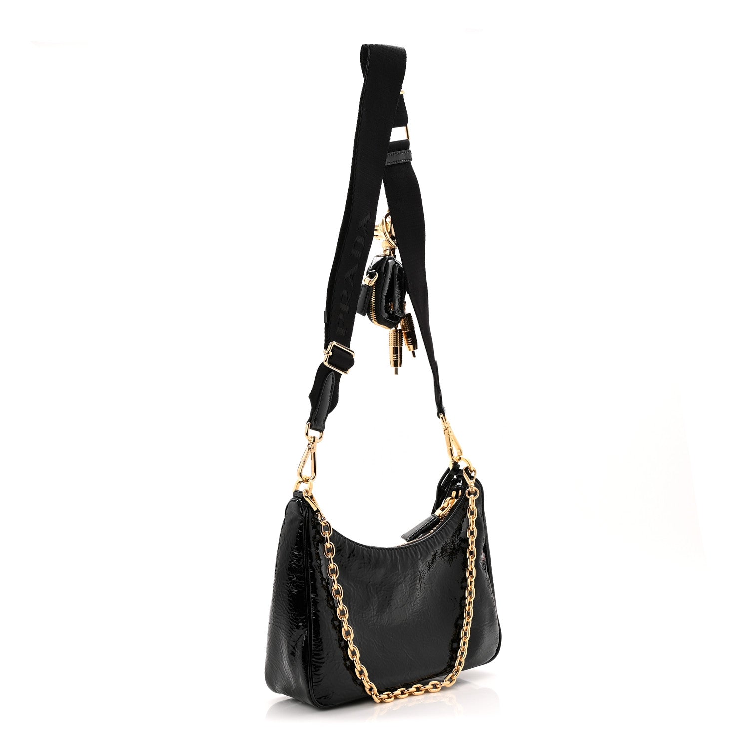 Prada Patent Naplak Re-Edition 2005 Shoulder Bag With Charm Black