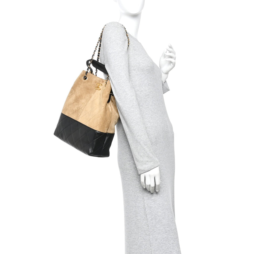 Chanel Suede Calfskin Shiny Lambskin Quilted Coco Base Shopping Bag Beige Black