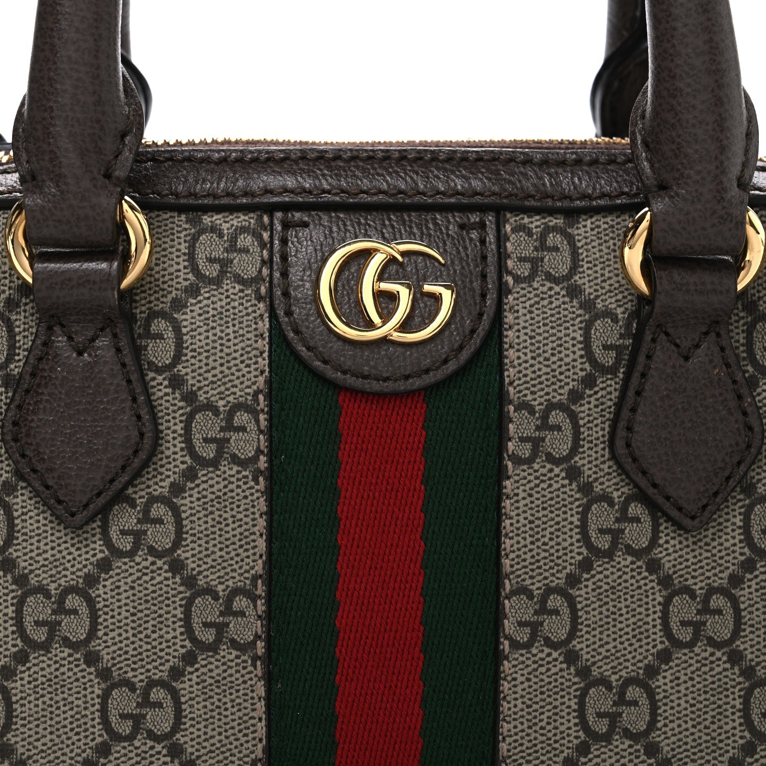 Gucci GG Supreme Monogram Textured Dollar Calfskin Web Mini Ophidia Top Handle Bag Beige Ebony New Acero