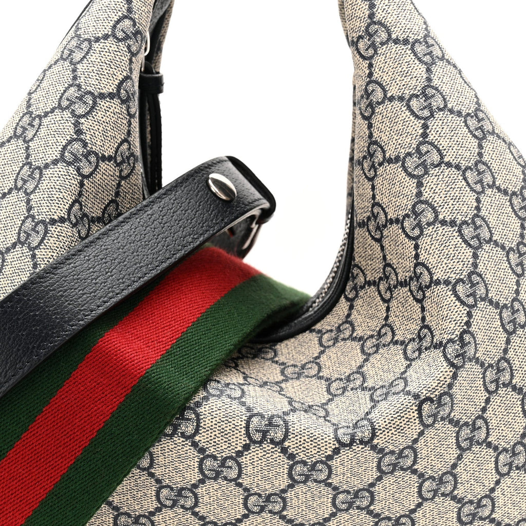 Gucci GG Supreme Monogram Textured Calfskin Web Large Attache Shoulder Bag Beige Blue