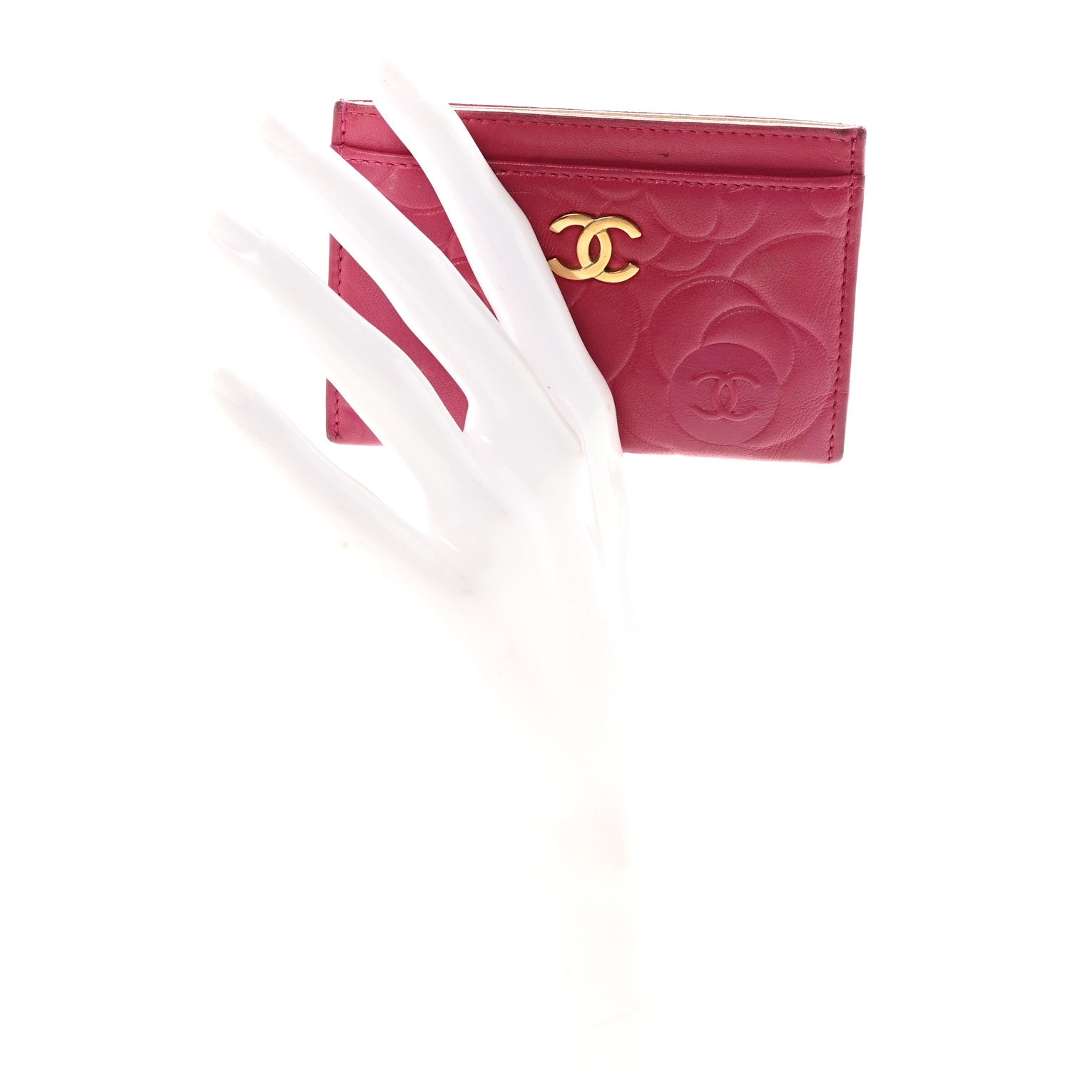 Lambskin Camellia Embossed Card Holder Fuchsia