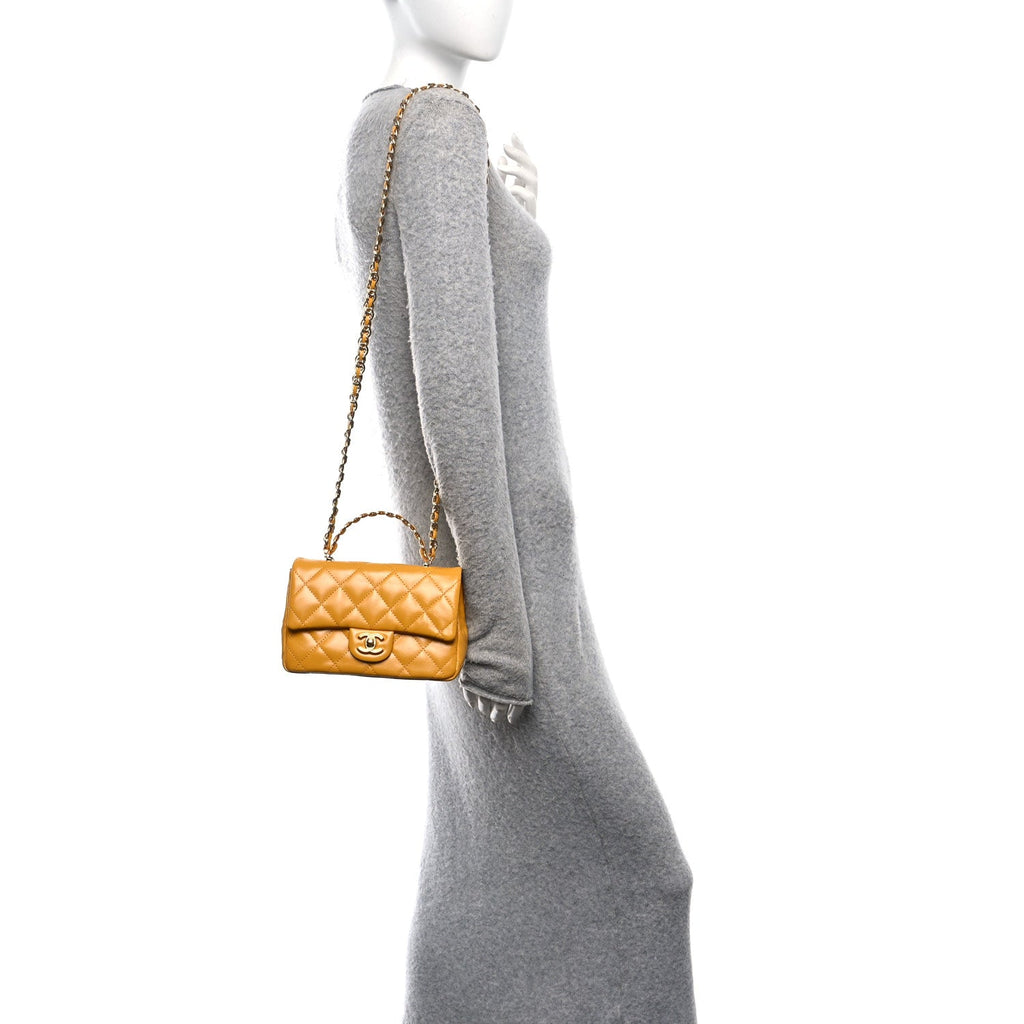 Chanel Shiny Lambskin Quilted Golden Links Top Handle Flap Yellow