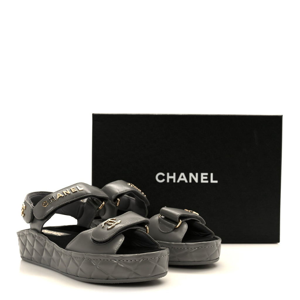 Chanel Shiny Calfskin Logo Platform Sandals 36 Grey