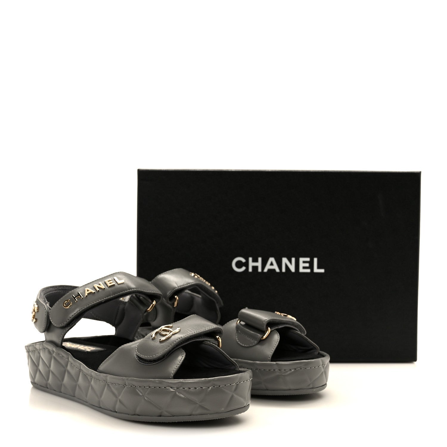 Chanel Shiny Calfskin Logo Platform Sandals 36 Grey