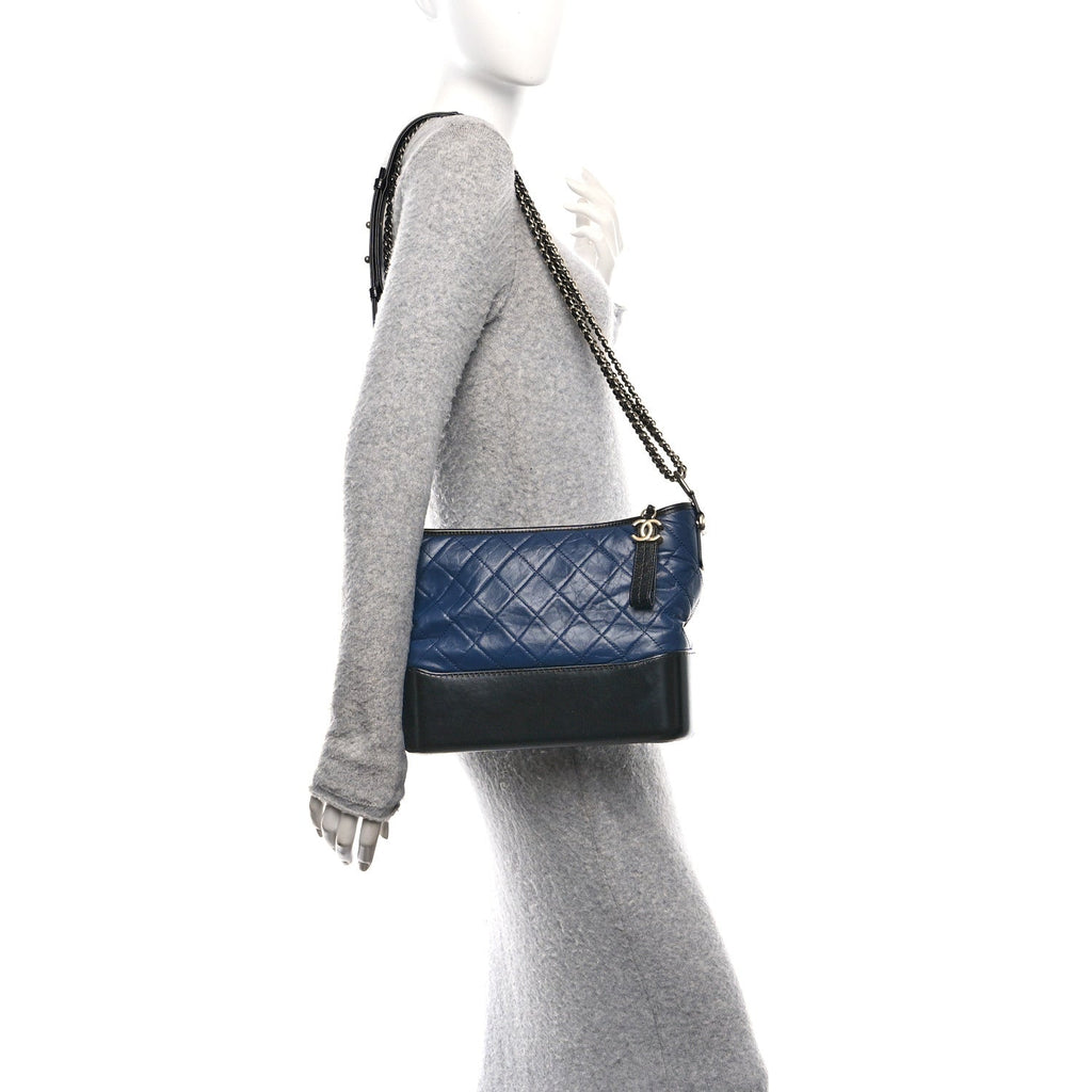 Chanel Aged Calfskin Quilted Medium Gabrielle Hobo Navy Black