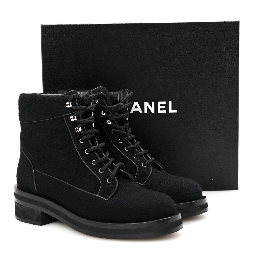 Chanel Tweed Lace Up Short Boots 37 Black