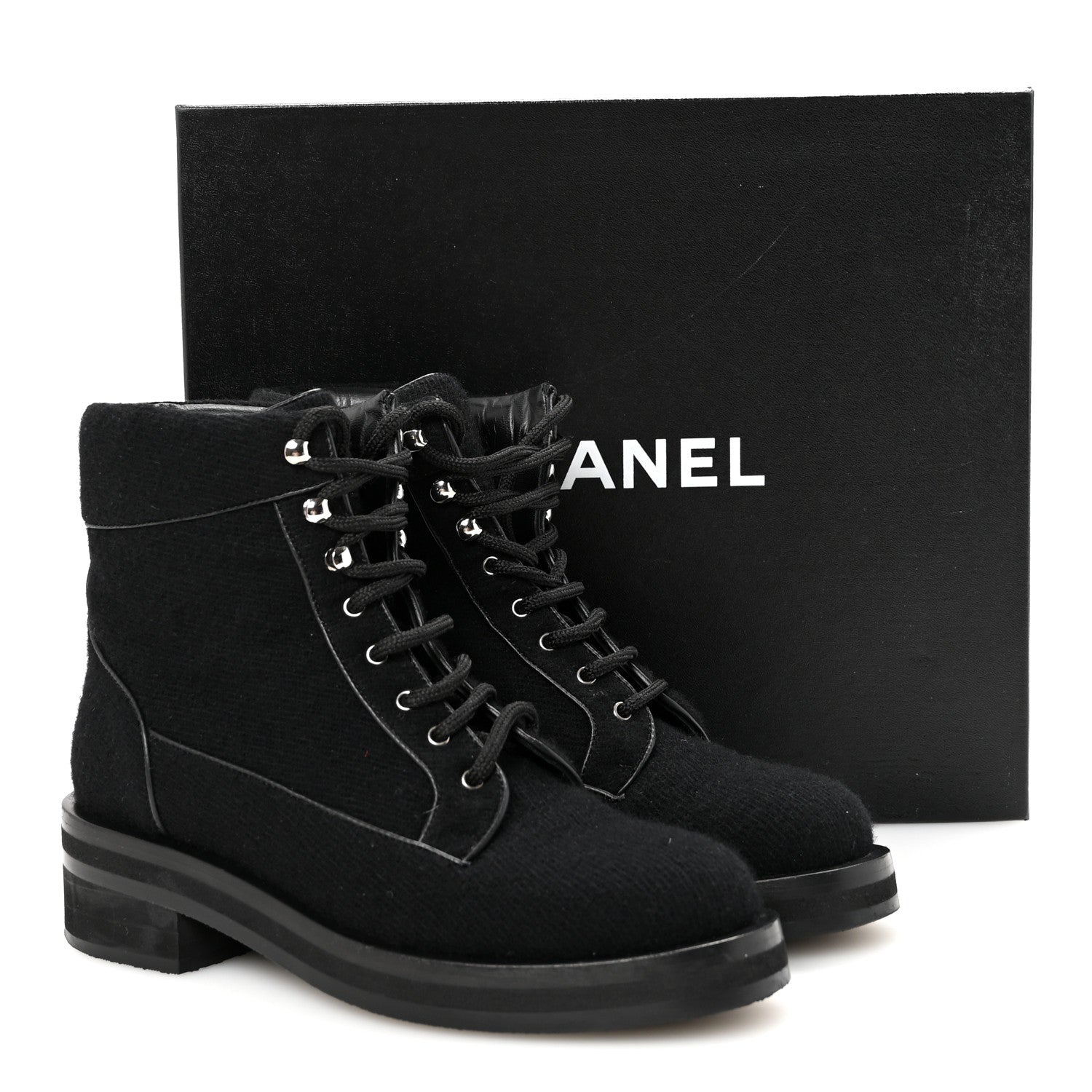 Chanel Tweed Lace Up Short Boots 37 Black