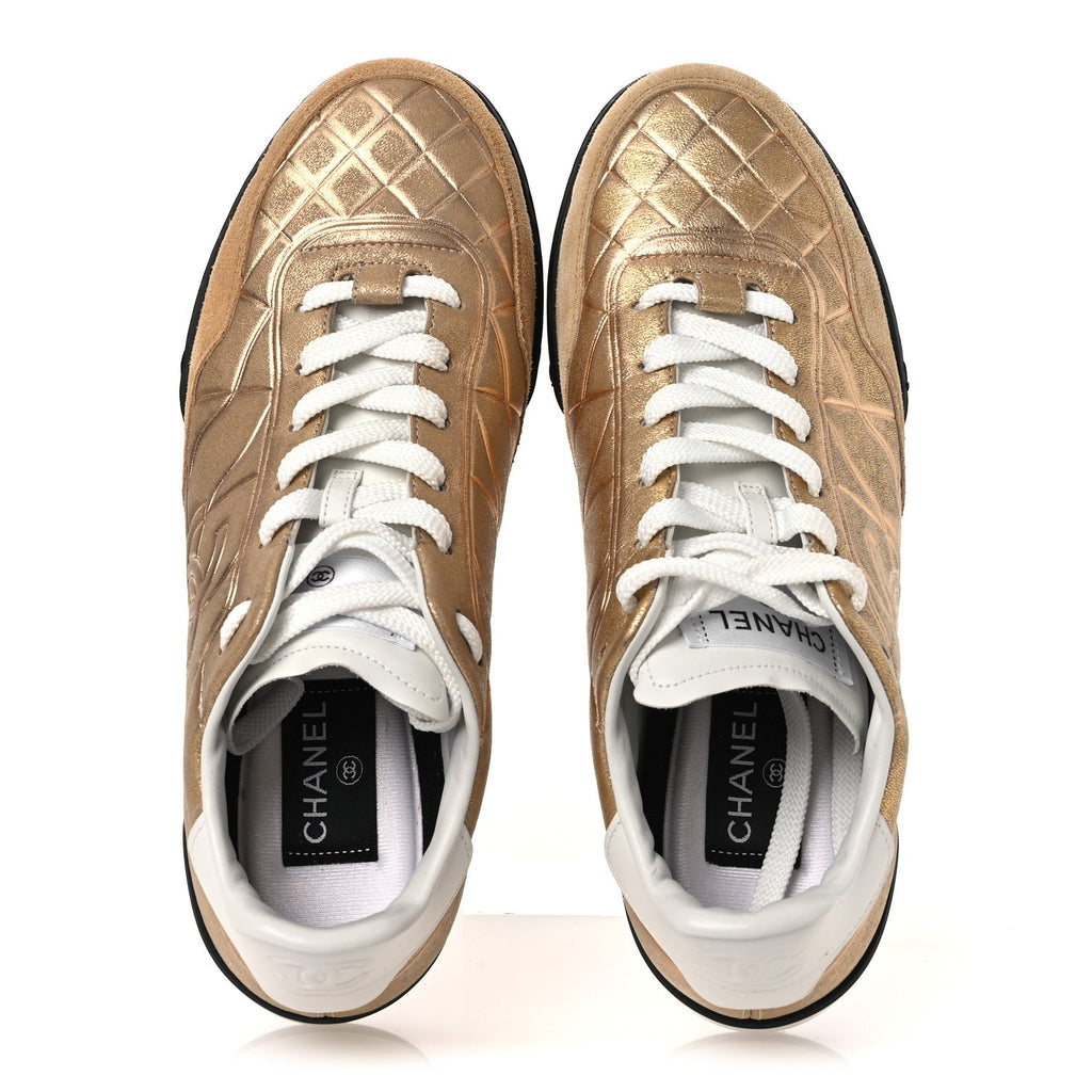 Laminated Calfskin Suede Quilted Womens CC Sneakers 39 Gold