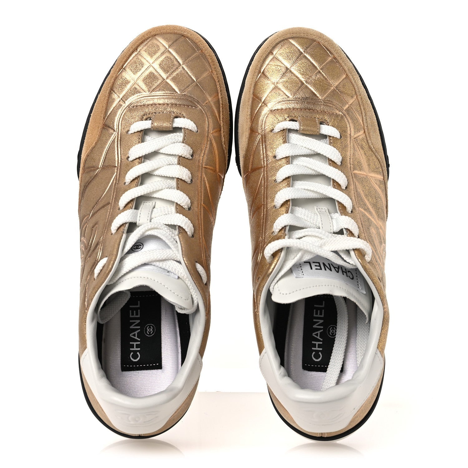 Laminated Calfskin Suede Quilted Womens CC Sneakers 39 Gold