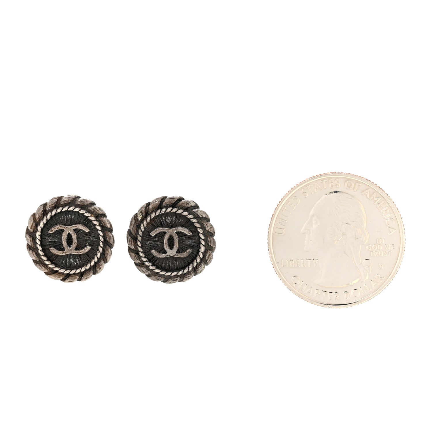 Metal Round CC Stud Earrings Ruthenium