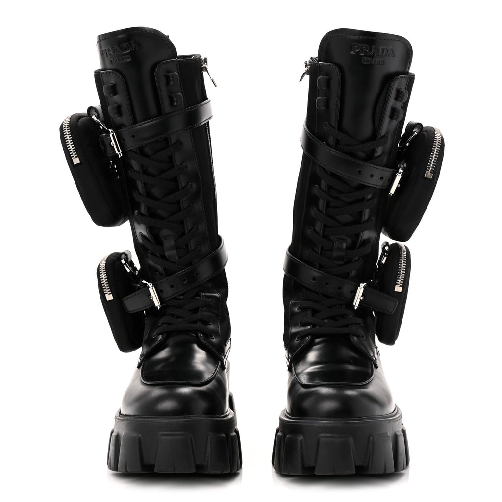 Prada Spazzolato Rois Re-Nylon Metal Triangle Logo Monolith Pouch Pocket 55mm Tall Combat Boots 39 Black