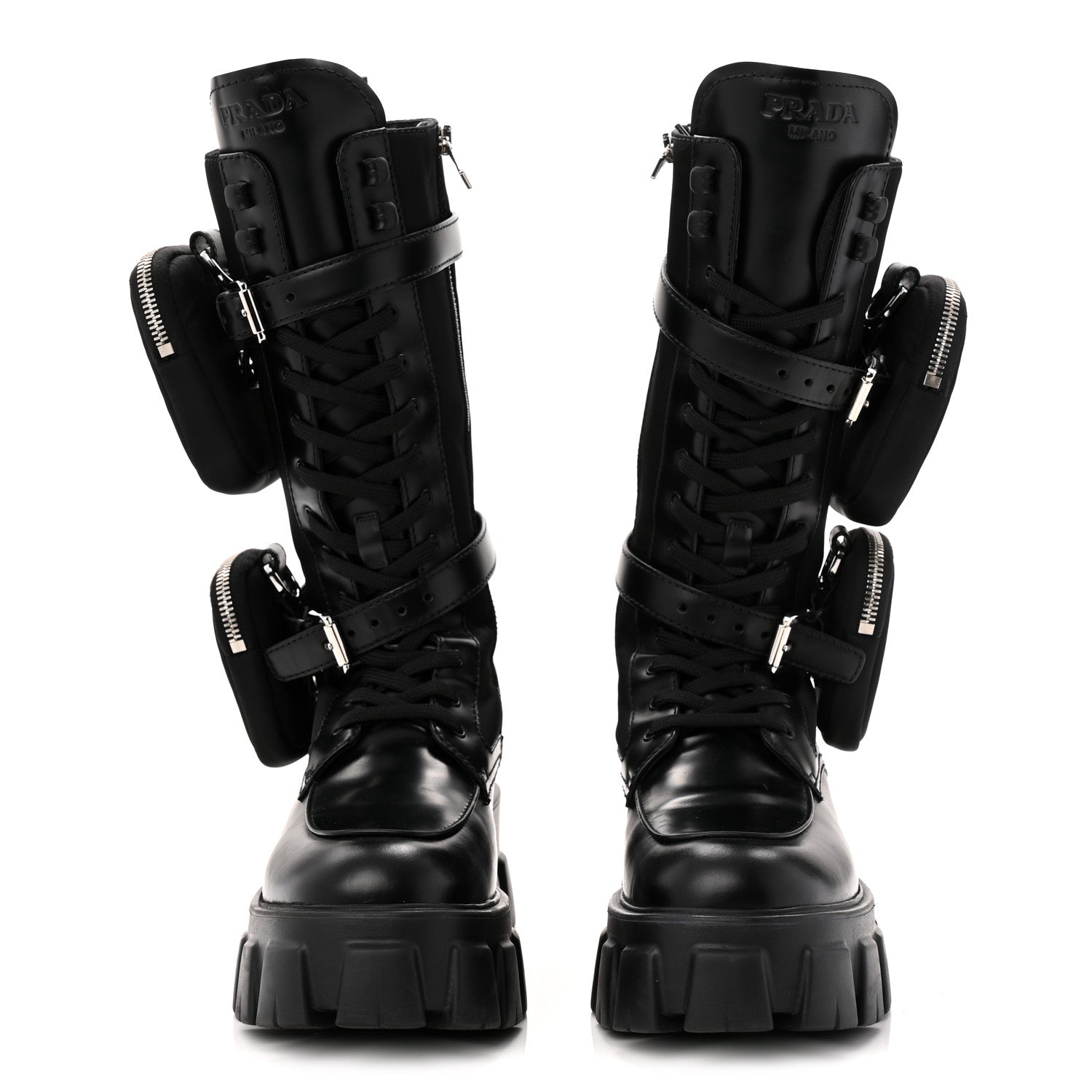 Prada Spazzolato Rois Re-Nylon Metal Triangle Logo Monolith Pouch Pocket 55mm Tall Combat Boots 39 Black