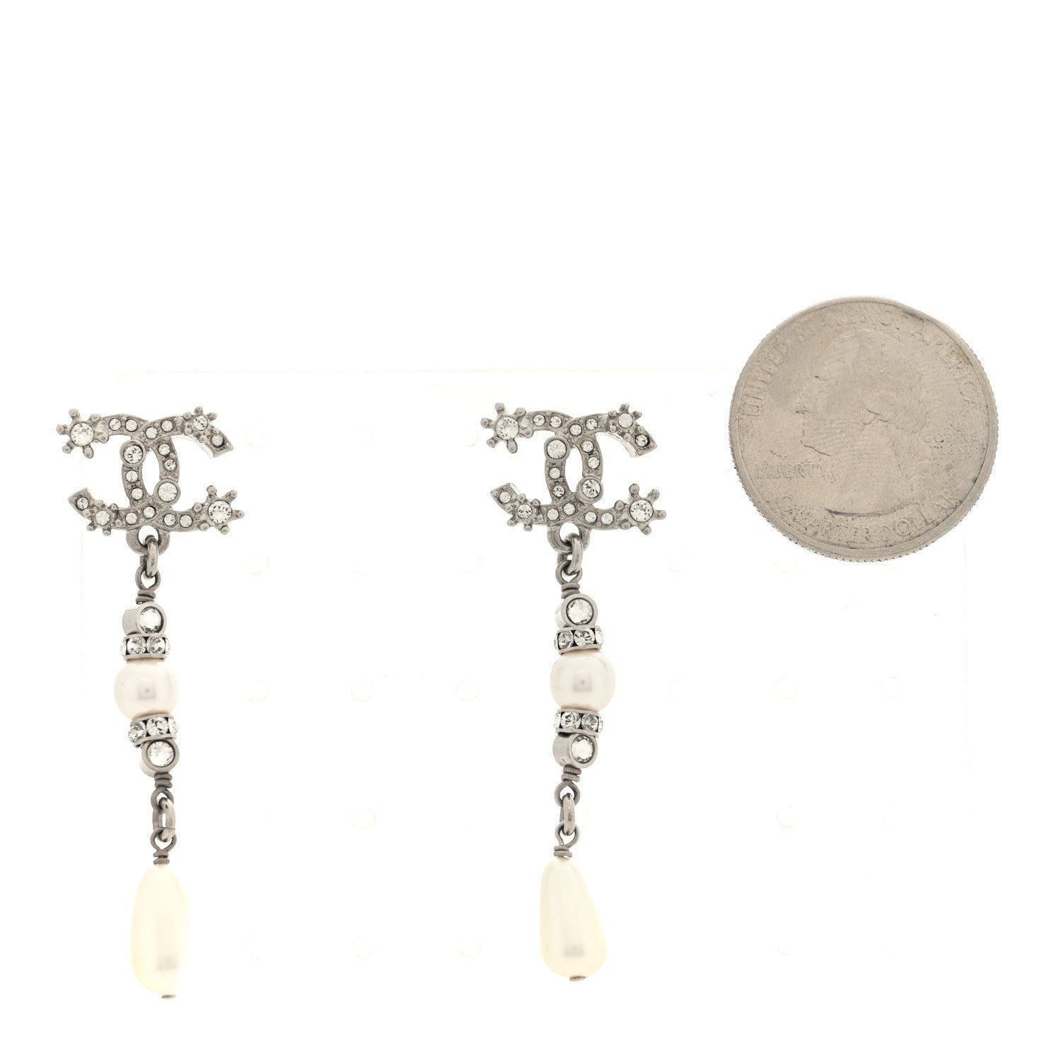 Crystal Pearl CC Drop Earrings Silver