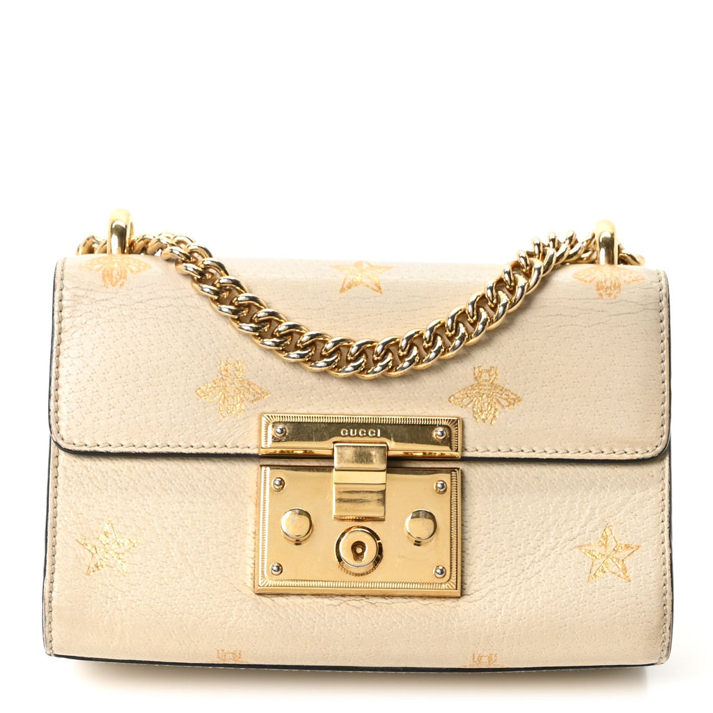 Gucci Grained Calfskin Bee Star Small Padlock Shoulder Bag White